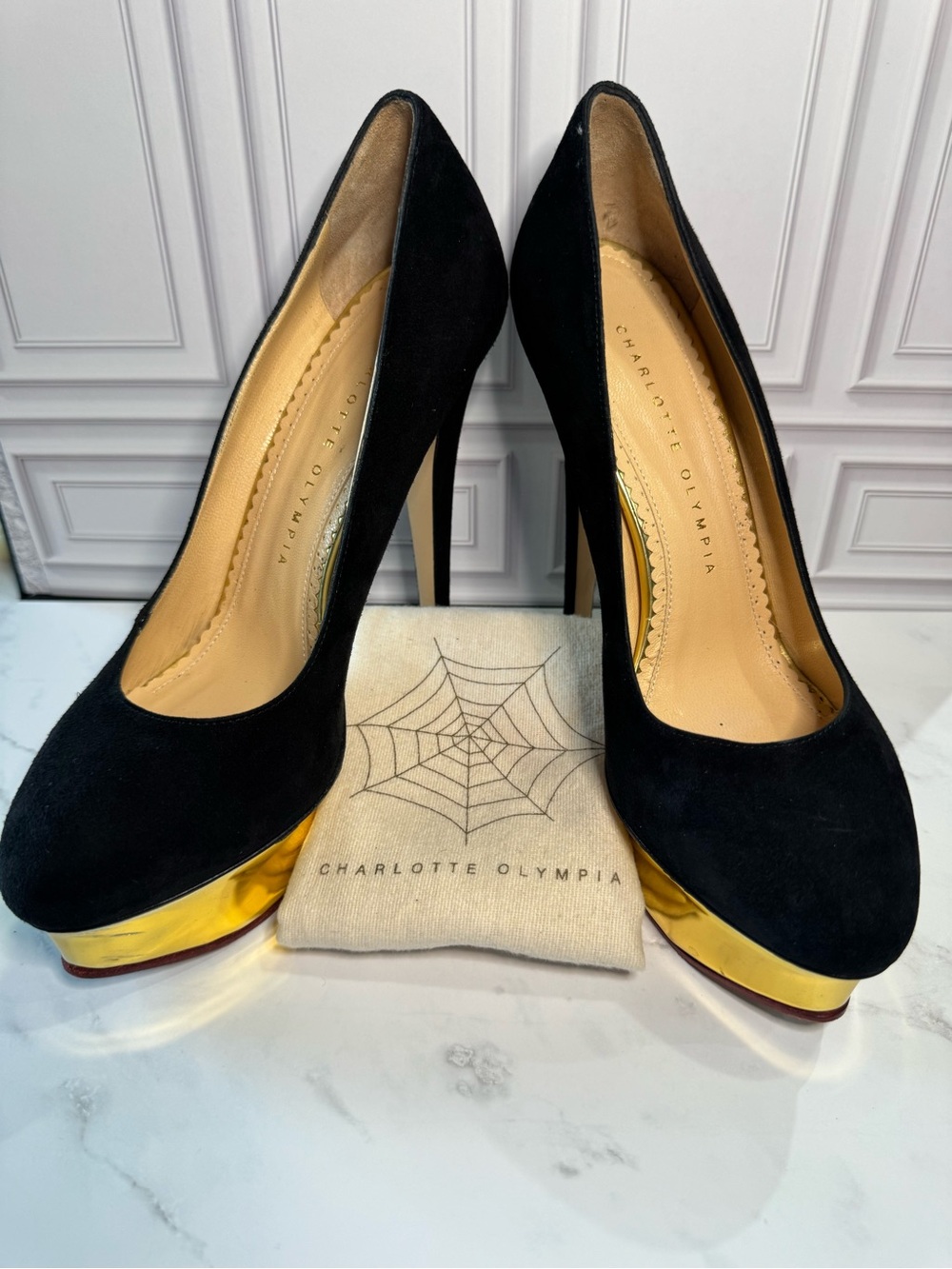 Charlotte Olympia Black Suede & Gold Sole Platform Heels Pumps Stilettos, Size37